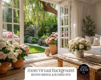 Cozy Sunroom Zoom Background Window View Virtual Office for Meetings Video Conference Garden View Light Living Room Cottage Garden Zoom 16:9