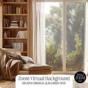 May include: A cozy interior scene featuring a leather armchair with a blanket, a wooden bookshelf filled with books, and a large window with sheer curtains. The text "Zoom Virtual Background" is visible.