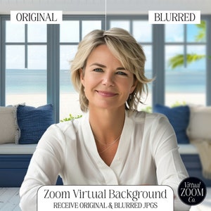 May include: A woman wearing a white shirt sits in front of a window with a view of a beach. The text "Zoom Virtual Background" and "RECEIVE ORIGINAL & BLURRED JPGS" is displayed below her. The text "Virtual Zoom Co." is in a circle with a black background and white text.
