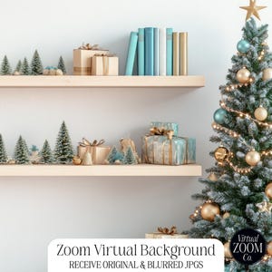 Christmas Zoom Background Blue Shelving Background Virtual Background  Christmas Digital Background Blue Christmas Tree Zoom Meeting Shelves