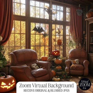 May include: A virtual Zoom background featuring a cozy living room with a large window, brown leather armchairs, and a bookshelf filled with books. The room is decorated with pumpkins and other Halloween decorations. The text "Zoom Virtual Background" and "Receive Original & Blurred JPGs" is displayed at the bottom of the image.