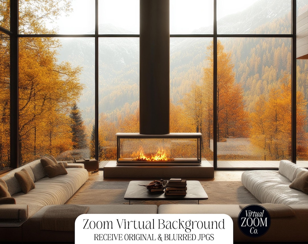 Zoom Background Fall Trees Backdrop Chalet Cabin With Fireplace Virtual ...