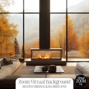 May include: A modern living room with large windows overlooking a fall forest. Two white couches are positioned on either side of a fireplace with a roaring fire. The room has a large, open floor plan and a minimalist design.