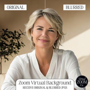 Puede incluir: Una mujer con el pelo corto y rubio está sentada frente a un fondo borroso. Lleva una camisa blanca y un collar de plata. El texto "Zoom Virtual Background" y "RECEIVE ORIGINAL & BLURRED JPGS" se muestra debajo de ella. El texto "Virtual ZOOM Co." se muestra en la esquina inferior derecha de la imagen.