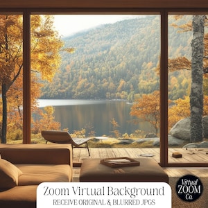 May include: A living room with large windows overlooking a lake and autumn foliage. A brown sofa with a cushion is in the foreground. A chair and a small table are in the background. The text "Zoom Virtual Background" and "Receive Original & Blurred JPGs" is on the bottom of the image.