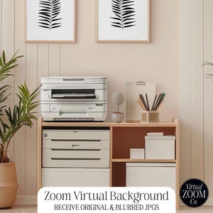 May include: A white multifunction printer sits on a light wood shelf unit with drawers. The printer is on a shelf with a brown top and a white shelf below. There are two framed black and white prints of fern leaves on the wall behind the printer.