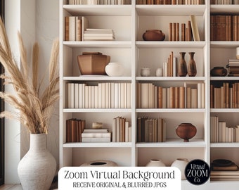 Zoom Background White Bookshelf with Brown Books Neutral Zoom Professional Zoom Photo Virtual Background Zoom Meeting, Video Conference