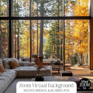 May include: A large, modern living room with a sectional sofa and large windows overlooking a forest. The windows are floor-to-ceiling and the view is of a forest with fall foliage. The sofa is white and has a variety of pillows in different colors and textures. The room is decorated with a minimalist aesthetic. The text "Zoom Virtual Background" and "Receive Original & Blurred JPGs" is visible at the bottom of the image.