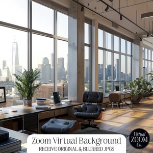 May include: A modern office with a large window overlooking a city skyline. The office features a desk with a computer, a chair, and plants. The text "Zoom Virtual Background" and "Receive Original & Blurred JPGs" is displayed on the bottom of the image.