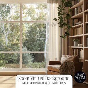 May include: A cozy interior scene featuring a large window overlooking a lush green landscape. A leather armchair with a knitted throw sits near a bookshelf filled with books. The image includes the text "Zoom Virtual Background" and "Receive Original & Blurred JPGs."