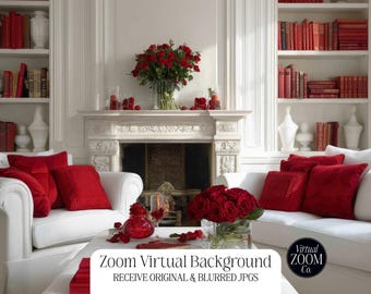Zoom Background White and Red Luxury Home Zoom Valentines Day Zoom Virtual Background Red Roses Meeting Video Conference Fireplace Home