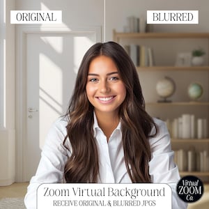 以下が含まれることがあります： 長い茶色の髪の女性がカメラに向かって笑顔を見せています。彼女は白いボタンダウンシャツを着ています。背景はぼやけており、本と装飾的な地球儀が置かれた本棚が見えます。画像の下部には「Zoom Virtual Background」と「RECEIVE ORIGINAL & BLURRED JPGS」のテキストが表示されています。画像の右下には円の中に「Virtual ZOOM Co.」のテキストが表示されています。