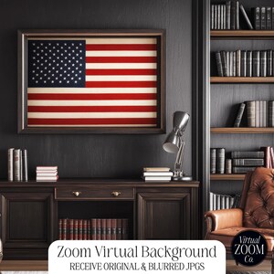 May include: A dark wood desk with a leather chair in front of it. The desk has a framed American flag hanging above it. The chair is brown leather with a tufted back and a buttoned design. The desk has a dark wood finish and a drawer on the left side. The desk is in a room with dark wood walls and a bookshelf in the background.