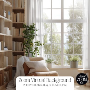 May include: A cozy interior scene featuring a light-filled window, a comfortable armchair with pillows, and a wooden stool. Bookshelves filled with books flank the scene. The image includes the text "Zoom Virtual Background" and "RECEIVE ORIGINAL & BLURRED JPGS".