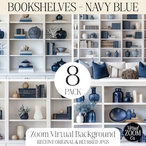 Zoom Background Bookshelf Navy Virtual Background Navy Blue Bookshelf Zoom Meeting Modern Bookshelf Zoom Image Video Call Home Office Blue