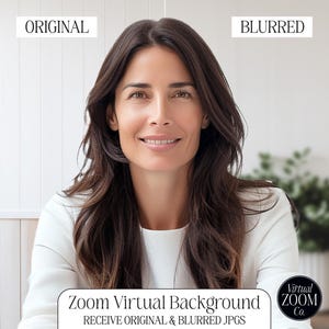 Puede incluir: Una mujer con cabello largo y castaño lleva una camisa blanca. La imagen está dividida en dos, con el lado izquierdo mostrando la imagen original y el lado derecho mostrando una versión borrosa de la imagen. El texto "Zoom Virtual Background" está en la parte inferior de la imagen, junto con el texto "Receive Original & Blurred JPGs". El texto "Virtual Zoom Co." está en un círculo en la parte inferior derecha de la imagen.