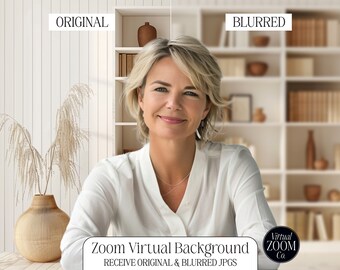 May include: A woman wearing a white shirt sits in front of a bookshelf with a blurred background. The text "Zoom Virtual Background" and "Receive Original & Blurred JPGs" is displayed below her. The text "Virtual Zoom Co." is in a black circle in the lower right corner.