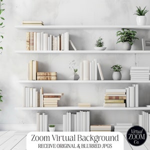 May include: A virtual Zoom background showing white shelves with books and potted plants. The shelves are against a white wall, with a hanging plant on the left. The bottom right corner has the text "Zoom Virtual Background".