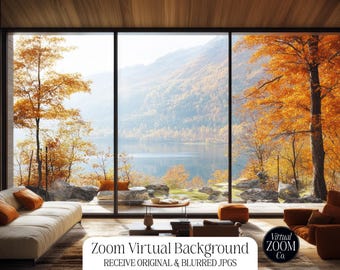 Zoom Background Chalet Cabin with Fireplace Virtual Background Fall Trees Backdrop Zoom Fall Mountains Virtual Background Autumn Window Fall