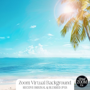 May include: A virtual background image featuring a bright blue sky, white clouds, a calm turquoise ocean, and a palm tree with green leaves. The text "Zoom Virtual Background" and "RECEIVE ORIGINAL & BLURRED JPGS" is at the bottom of the image. A black circle with the text "Virtual ZOOM Co." is in the bottom right corner.