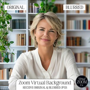 May include: A woman with blonde hair smiles in front of a bookshelf. The background is a blurred image of a library. The text "Zoom Virtual Background" and "RECEIVE ORIGINAL & BLURRED JPGS" is at the bottom of the image.