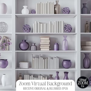 May include: A white bookcase with multiple shelves filled with books, vases, and decorative items. The shelves are decorated with purple flowers, a silver orb, and a white ceramic vase. The bookcase is against a white wall.