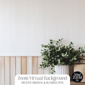 Puede incluir: Un fondo virtual de Zoom con una pared blanca de tablillas verticales sobre una pared de paneles de madera clara. Una maceta blanca acanalada con plantas verdes y una cesta de mimbre están en un estante. El texto dice "Zoom Virtual Background" y "RECEIVE ORIGINAL & BLURRED JPGS."