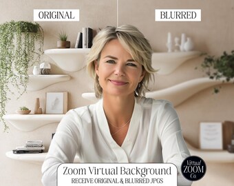 May include: A woman with blonde hair is sitting in front of a white wall with shelves. The shelves are decorated with plants, books, and other decorative items. The woman is wearing a white shirt and has a neutral expression on her face. The text "Zoom Virtual Background" is displayed at the bottom of the image. The text "RECEIVE ORIGINAL & BLURRED JPGS" is displayed below the first text. The text "Virtual ZOOM Co." is displayed in a black circle at the bottom right of the image.