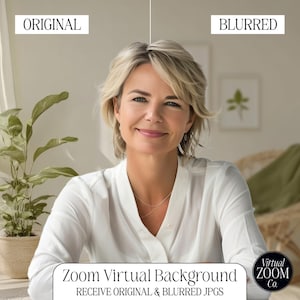 May include: A woman with blonde hair wearing a white blouse smiles at the camera. The background is blurred and features a plant in a pot and a wicker chair with a green throw.