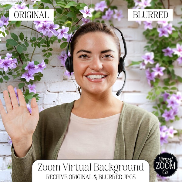 Zoom Background, White Brick Wall with Purple Flowers, Zoom Background, Virtual Background, Zoom Meeting, Video Conference, Home Office