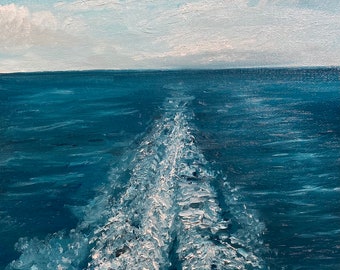 Cruising original art oil painting 9x12 seascape cruise art ocean sea painting aft view FREE SHIPPING