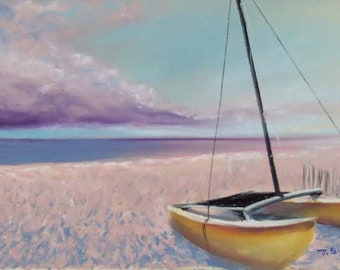 Catamaran on 30A original hand painted art pastel painting 6x11 sunset beach PCB Florida panhandle FREE shipping in US