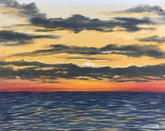 Embarkment day sunset original pastel painting 9x12 original art of a sunset hand painted seascape in soft pastels FREE SHIPPING