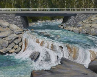 The Sinks Original pastel painting 12x9 great smoky mountains national park waterfall and bridge FREE SHIPPING in US