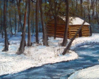 Winter Cabin 6x12 original pastel painting cades cove snowy smoky mountains professionally framed handpainted artwork FREE SHIPPING in US