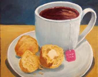 Tea and Biscuits 6x6 inch oil painting kitchen art still life original painting FREE SHIPPING in US