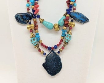 Multi-strand, semi-precious stone, glass and metal bead necklace