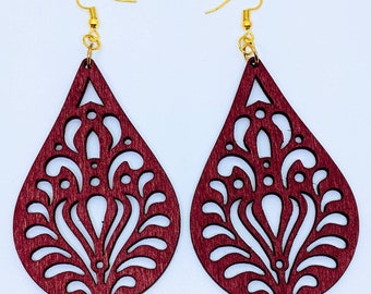 Red filigree wood teardrop earrings