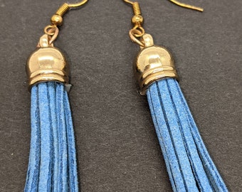 Small, blue faux suede tassel earrings