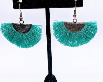 Turquoise half-circle, fan-shaped tassel earrings