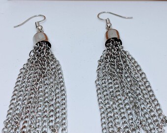 Long silver colored chain tassel earrings