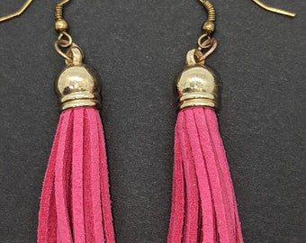 Small, pink faux suede tassel earrings