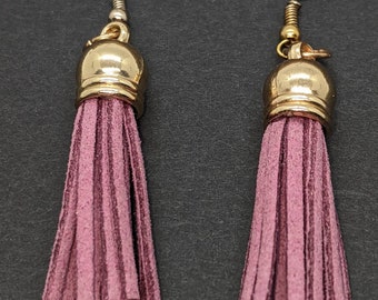 Small, amethyst faux suede tassel earrings