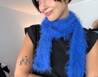 Electric Blue Knitted Boa, Long Fuzzy Skinny Scarf