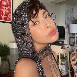 Handmade Sequin Triangle Shawl Black & Silver Knitted Wrap