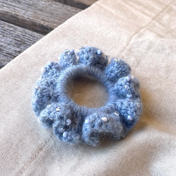 Scrunchie Hair ties Cute Crochet Cozy Wool Mohair Beaded