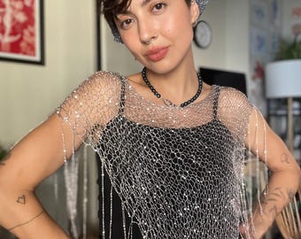 Handmade Silver Sequin Triangle Shawl Versatile Knitted Wrap Headscarf or Belt Accent .