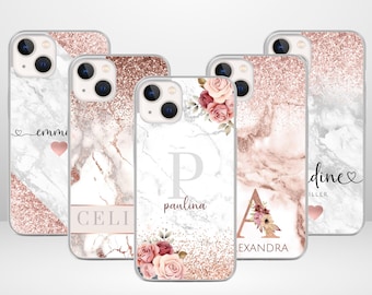 Personalized iPhone Case - Marble Rose Gold Glitter Design - Customizable - Protective Case with Name - Models 12, 13 & 14
