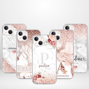 Gepersonaliseerde iPhone-hoes - Marmeren roségouden glitterontwerp - Aanpasbaar - Beschermhoes met naam - Modellen 12, 13 en 14