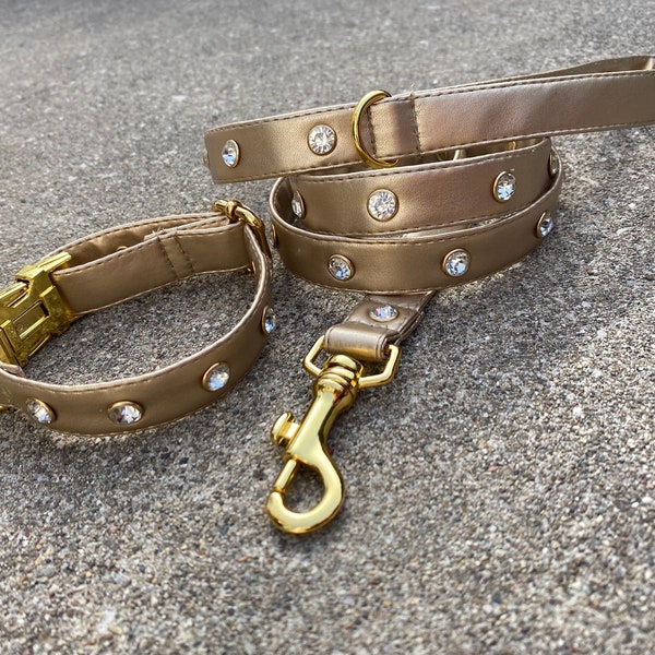 Faux Leather Gold Dog Leash with Crystal Studs, vegan eco friendly pet accessories.